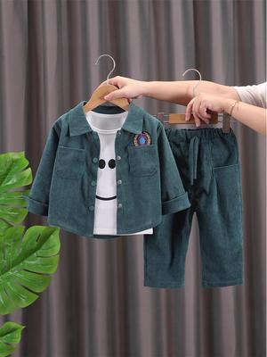 Conjunto de 3 Peças Estiloso de Cardigan Jaqueta Workwear para Meninos para Primavera e Outono 2025