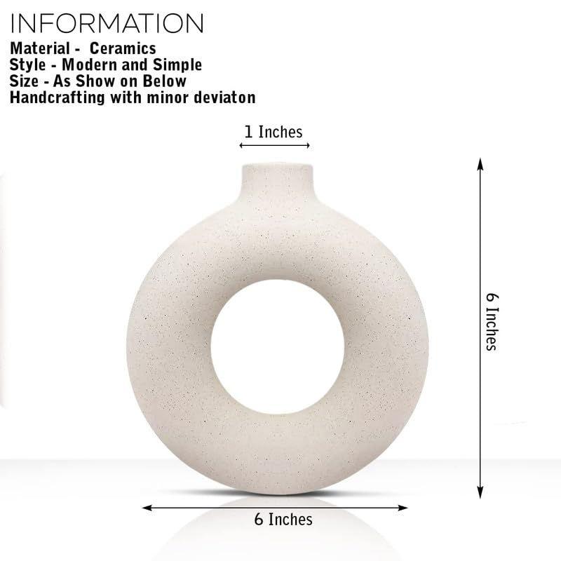 White Ceramic Donut Vase Set (6 & 8 Inches, Pack of 2) – Round Shaped Flower Vase for Pampas Grass, Home Decor Centrepiece