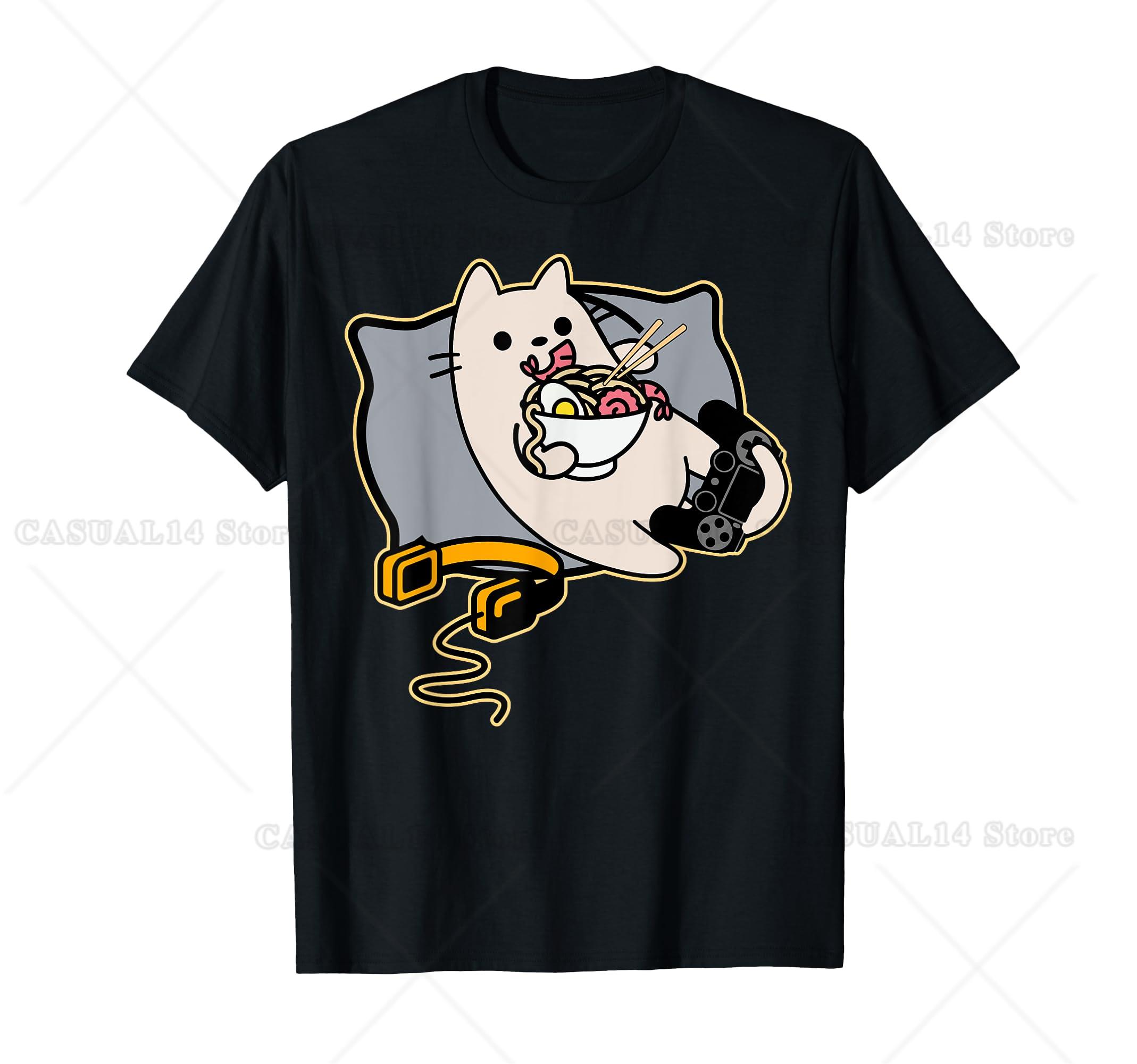 Nerdy Ramen Eating Gamer Cat Game Paused T-Shirt Charming Gaming Cat Relaxing And Playful Tee Cotton 4XL