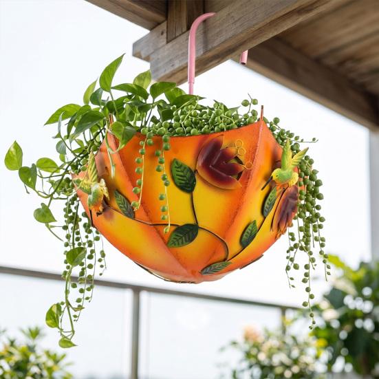 Metallparaply Hängande Planterare Paraplyformad Räcke Blomkruka Gårdsväggmonterad Planterare för Trädgård uteplats Veranda Fönsterbräda Dekor