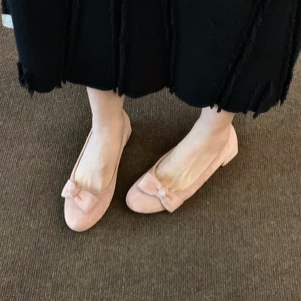 French medium and high heel pink suede single shoes women's shoes 2025 new spring and autumn bow with skirt evening shoes