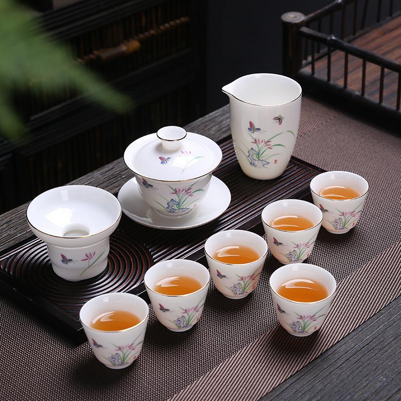 Ceramic suet jade porcelain kung fu tea set cover bowl teacup business company festival gifts