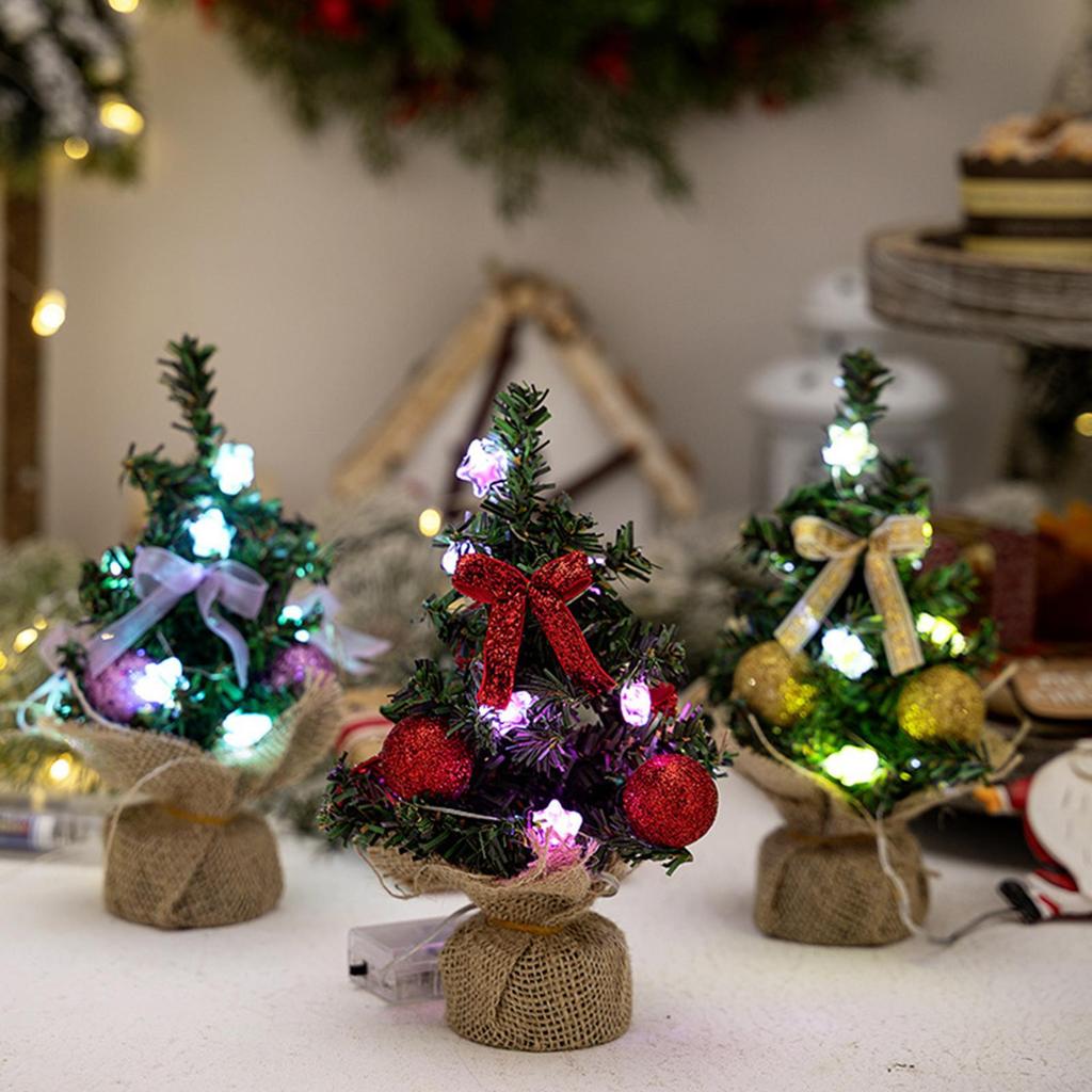 Small Christmas Trees With Lights 3 Pieces Faux Plant With Burlap Base Desk Christmas Tree For Bedside Table Bookshelf Birthday