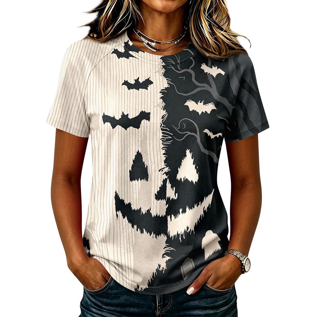 Womens Raglan Sleeve Casual T Shirt Halloween Print Short Sleeve Top Crew Neck Comfortable Fit Lightweight Fabric