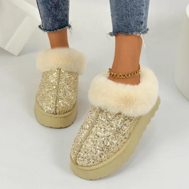 Winter New Women's Thick Bottom Thick Plush Snow Boots Anti Slip Waterproof Glitter Cotton Boots