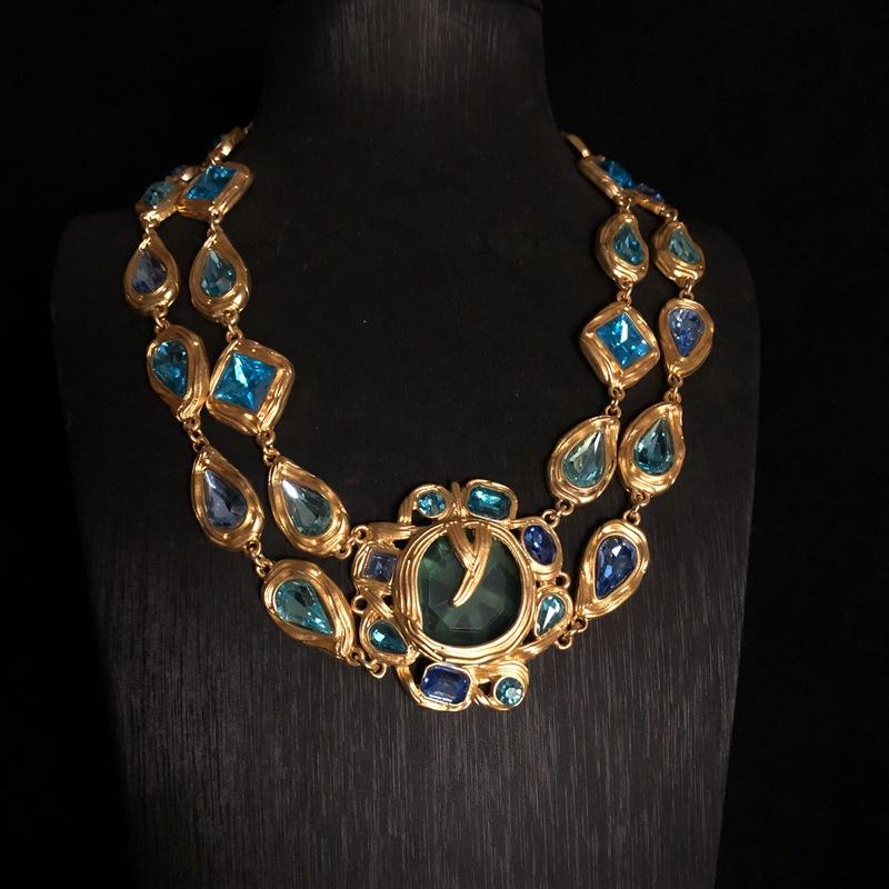New Fashion Style Vintage Glass Inlaid Heavy Industry Necklace, Bracelet, Jewelry Set, Exquisite and Elegant Women's Accessories