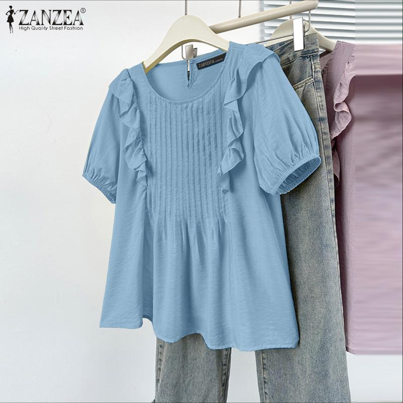 ZANZEA Women Casual Short Sleeve O-neck Ruffled Pleating Elegant Blouse