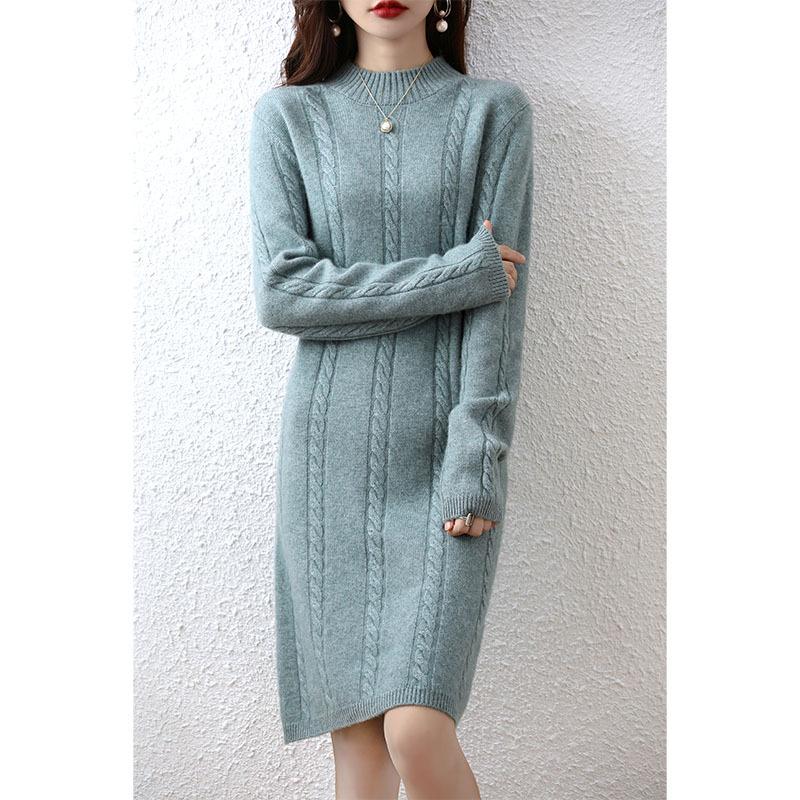 Autumn and winter thickened twisted flower medium and long sweater skirt loose and thin bottoming skirt women's semi-turtleneck knitted dress women's