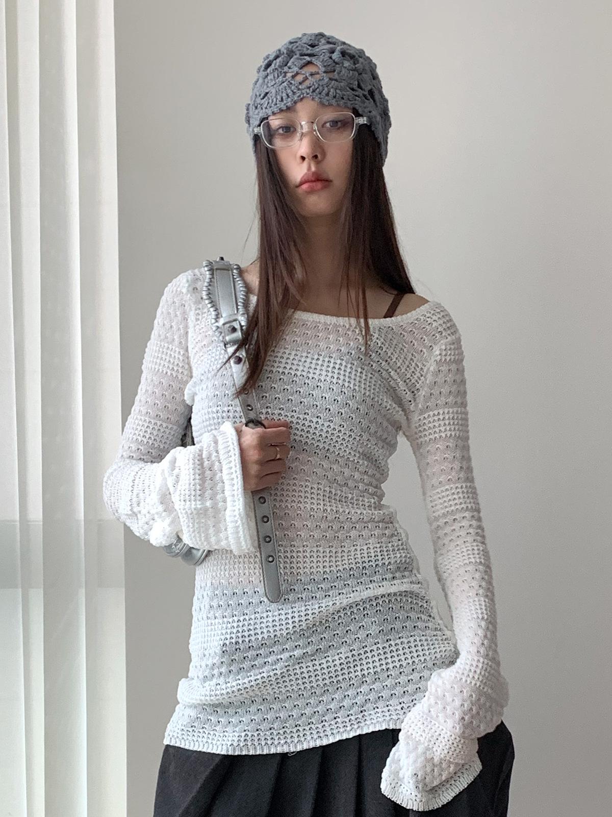 

Дороти LOOPIN Весенний двухцветный ажурный трикотажный солнцезащитный кардиган S молочный белый