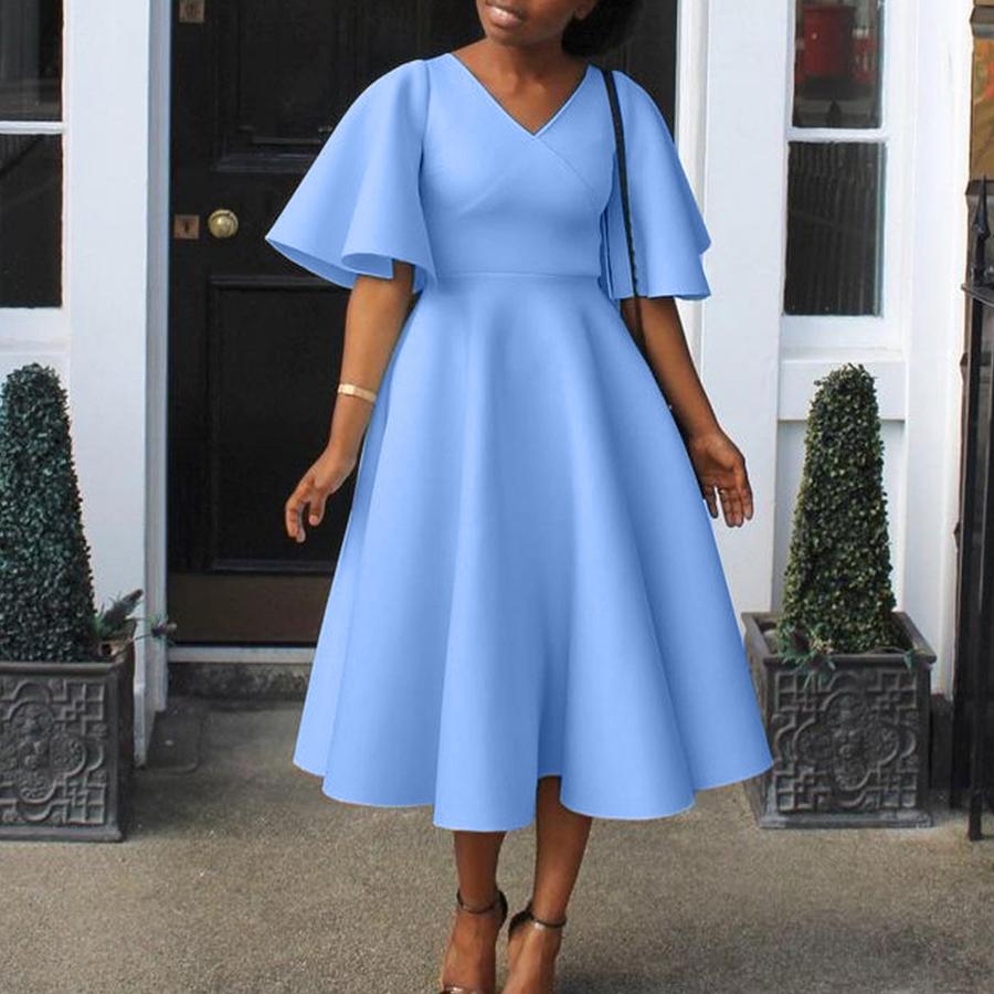 Neues Damenmode Elegantes Kleid mit Glockenärmeln und V-Ausschnitt