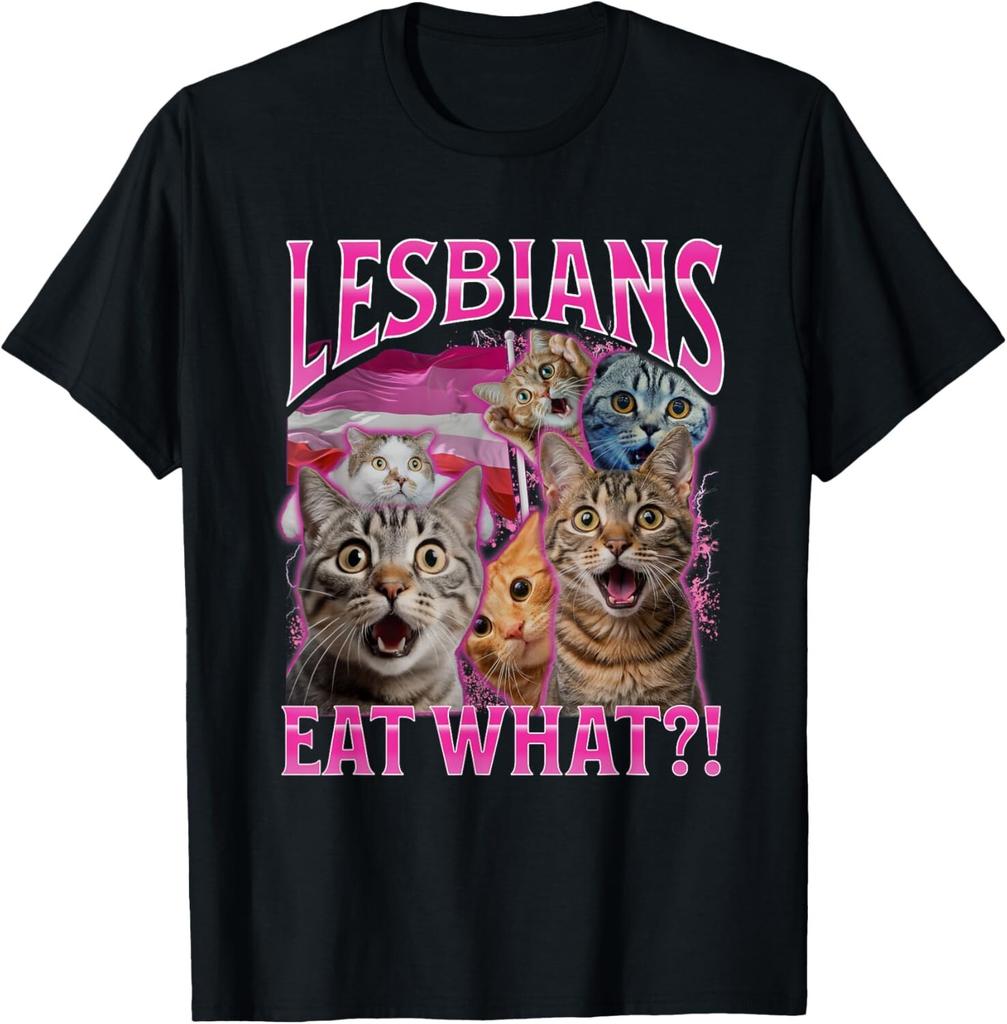 Le lesbiche mangiano cosa?! Maglietta Sarcasmo Gatto Offensivo Bootleg Uomo Donna Top T-Shirt unisex Uomo Donna Top