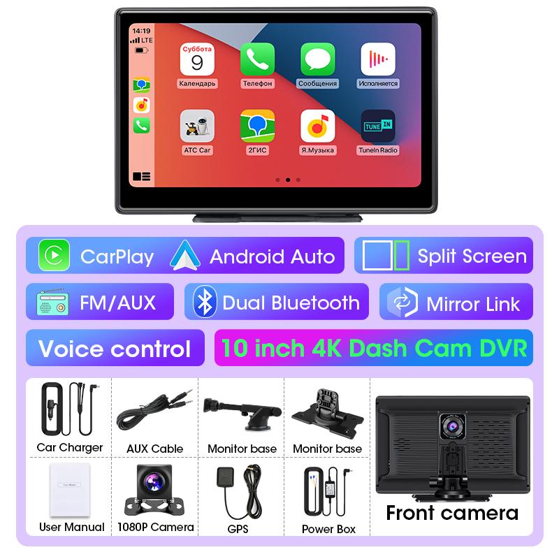 10 Inch 4K Dash Cam Car DVR Wireless Carplay & Android Auto GPS Navigation Video Recorder AUX Dashboard Camera Monitor BT 5G