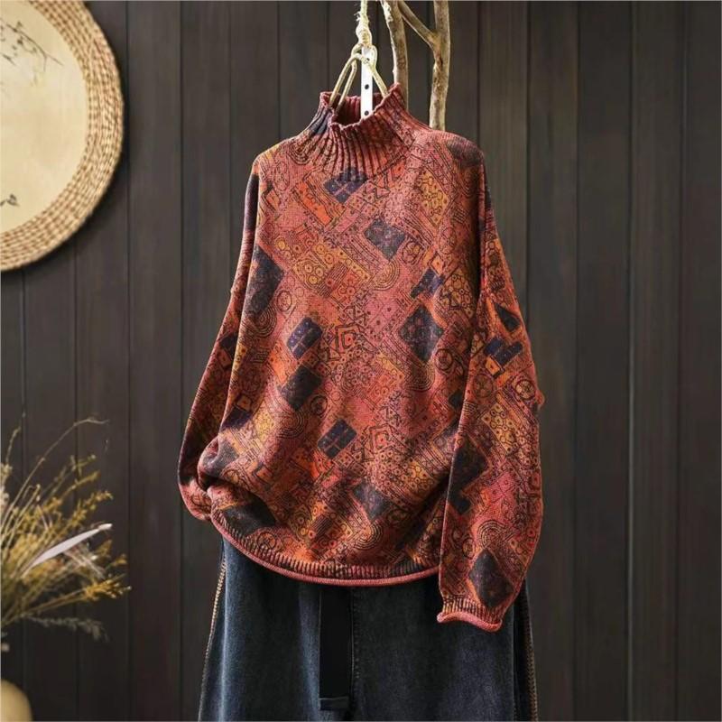 

Нишевый принт с воротником-стойкой и длинными рукавами винтажный свитер женский зимний свободный ретро-свитер One Size