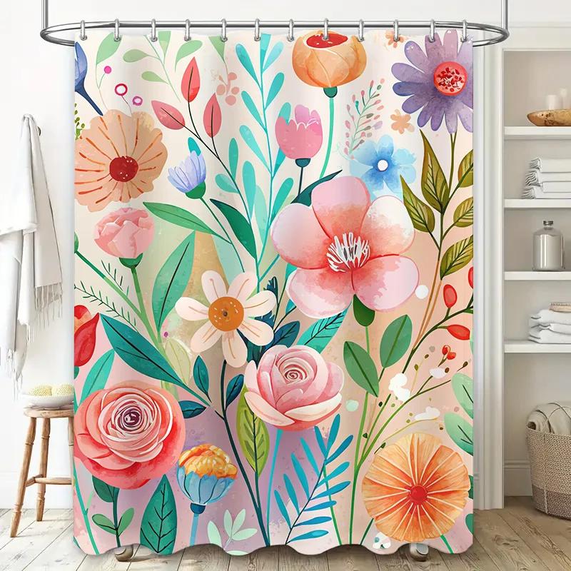 

Artistic Floral Printed Shower Curtain Bathroom Decoration Pink White Green Color Decorative Printing Polyester Bath Rug Tarp W90xH180cm