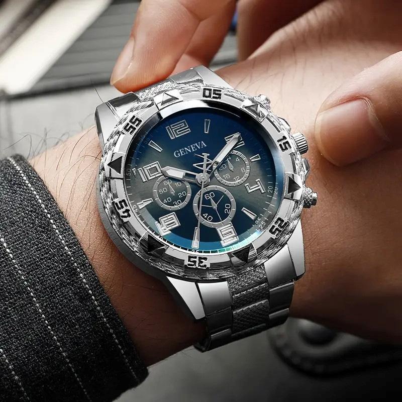 Blu-ray Symphony Glass Men's Watch Steel Belt Quartz Watch Digital Engraved Vacation Three-Eye Watch