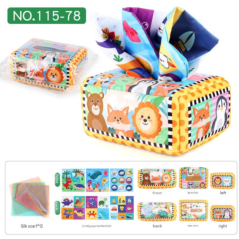 Baby Tissue Box Toy Silicone Montessori Early Learning Toy 0-12 Months Unbreakable Cloth Book Pull Out Toy Washable