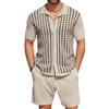 Herr 2-delade Outfits Sommar Korta Set Vintage Stickad Knäppning Skjorta Kortärmad Pikétröja Avslappnade Strandkostymer Skjorta Topp och Shorts Matchande Set för Herr