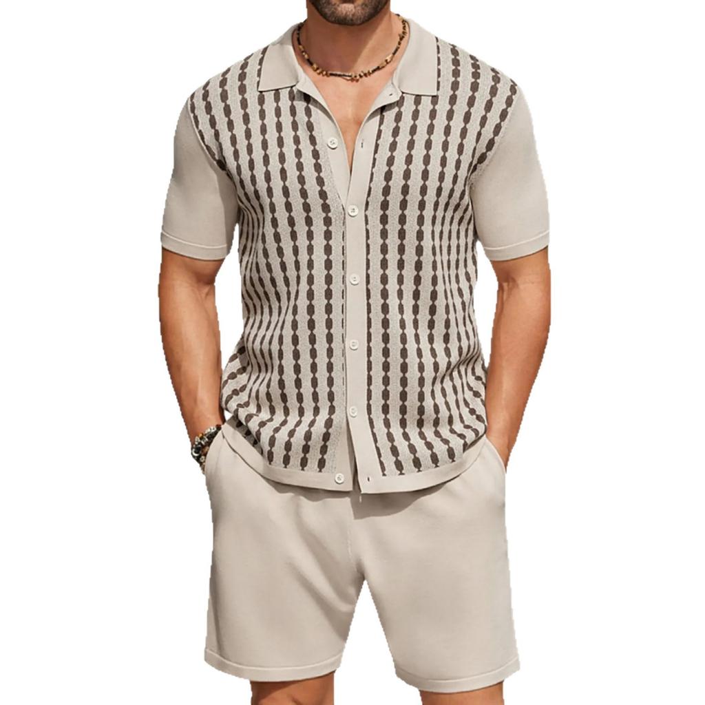 Herr 2-delade Outfits Sommar Korta Set Vintage Stickad Knäppning Skjorta Kortärmad Pikétröja Avslappnade Strandkostymer Skjorta Topp och Shorts Matchande Set för Herr