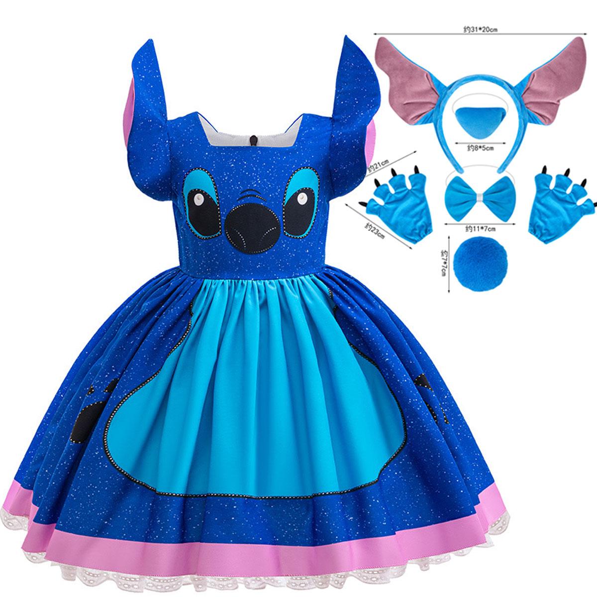 Lilo et Stitch Style Identique Fille Cosplay Stitch Fête d'Halloween Robe + Accessoires Été Manches Courtes Pelucheuse Mignonne Robe 2T(100CM) blue