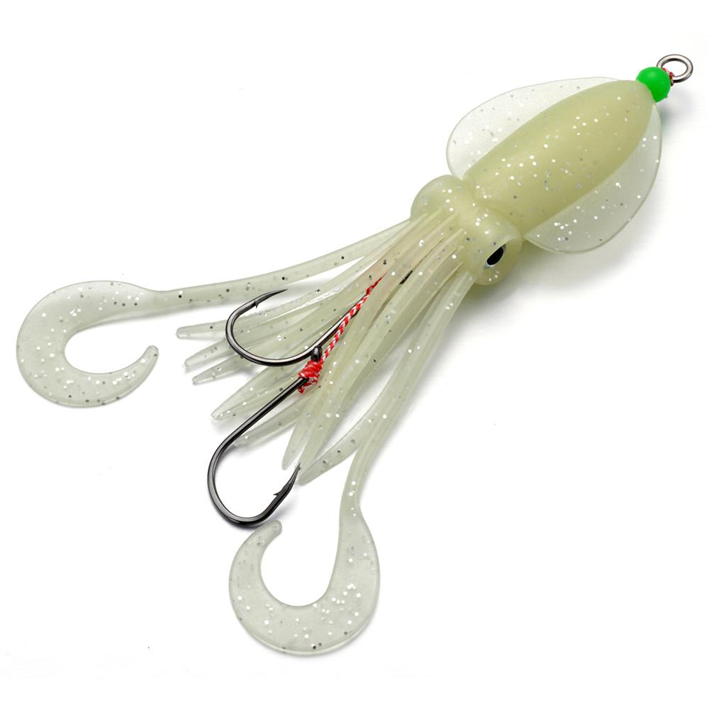 FTK 1/3/5/10pcs Saltwater Squid Lure Set, 5.83inch (approx. 14.8 Cm) Glow-in-the-dark Lure, Includes 2 X 6/0 Hooks with Squid-mimicking Lure