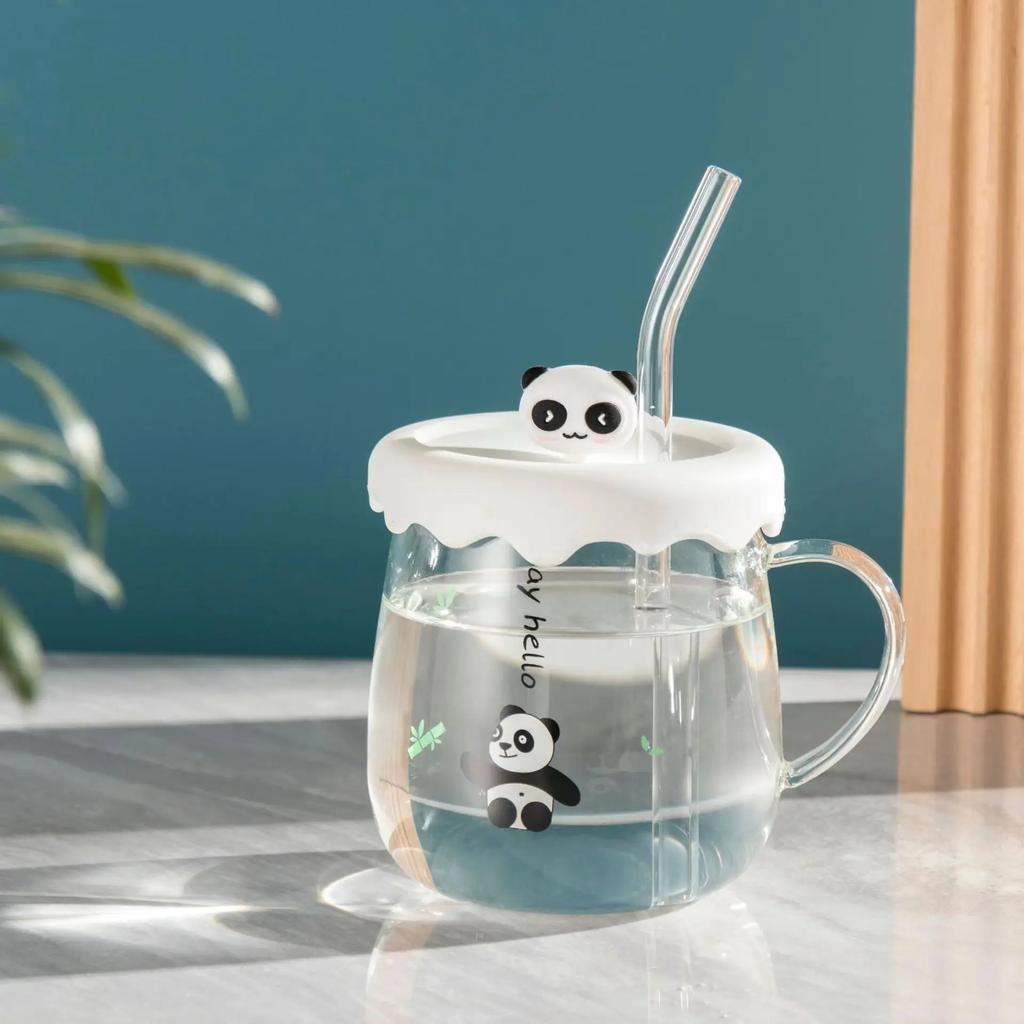 Kawaii Cups Cute Panda Glass Cup With Straw Cap Spoon Coffee Breakfast Cup Beer Mug Cups and Mugs Free Shipping Drinking Glasses