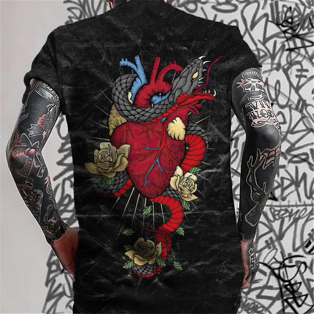 Men's Retro Tattoo Style T-shirt Trend 3D Printing Street Short Sleeved Hip-hop Punk Style Men's T-shirt Oversized Mens Clothing