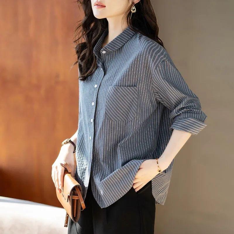 Fashionable Women's Striped Long Sleeve Shirt Women's 2025 New Autumn Shirt Pocket Striped Versatile Top