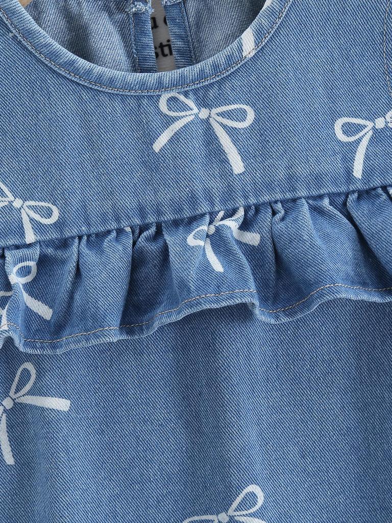 Single-piece Girls' Everyday Casual Summer Dress with Bow Print, Round Neck, Ruffled Trim, Cute and Versatile Sleeveless Denim Dress.