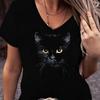 Modisches, einfaches und elegantes kurzärmeliges T-Shirt für Damen mit atmungsaktivem V-Ausschnitt und niedlichem schwarzem Katzen-Cartoon-Motiv