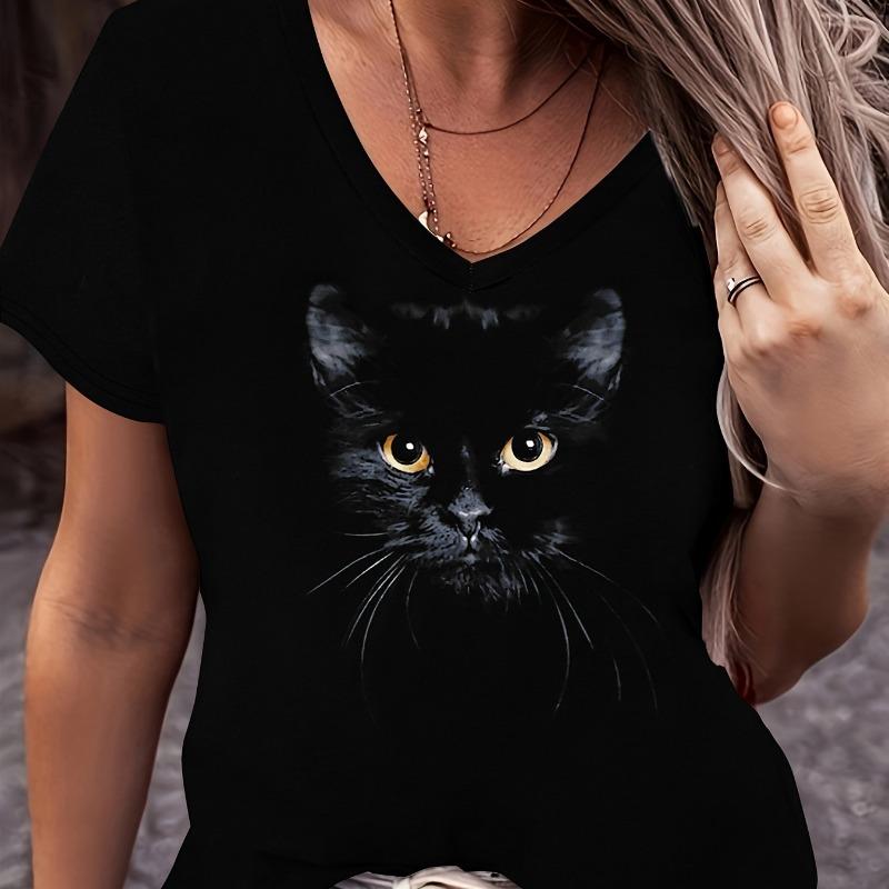 

Fashionable, simple and elegant cartoon animal black cat graphic breathable V-neck short sleeved T-shirt for women s short sleeved top S