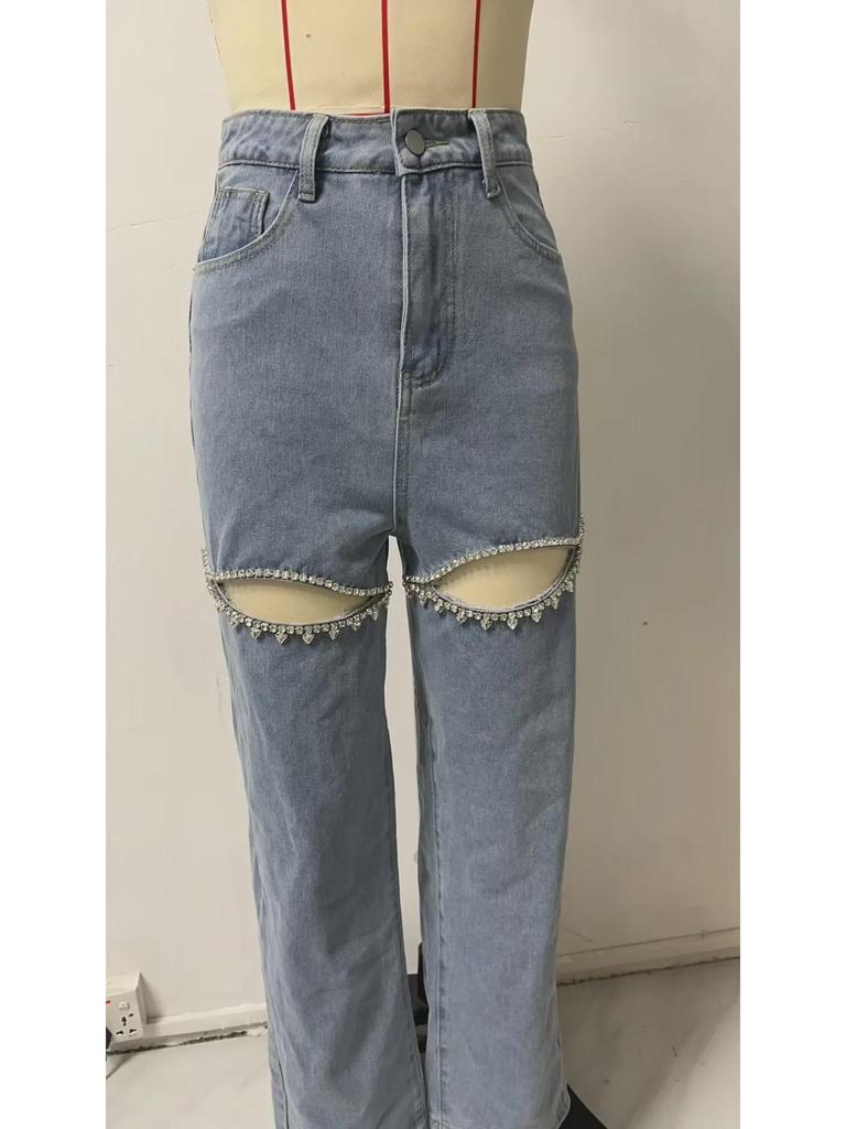 2025 Women's High Waist Straight-Leg Jeans with Chain and Washed Finish