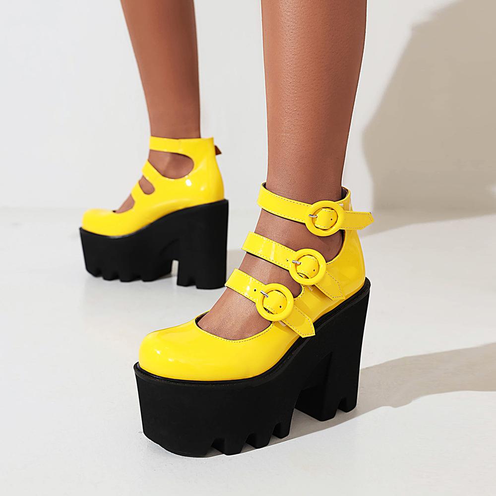 Three Rows Of Round Buckle Super High Wedges Sexy Women's Pumps Bright Patent Leather Super High Platform Women's High Heels