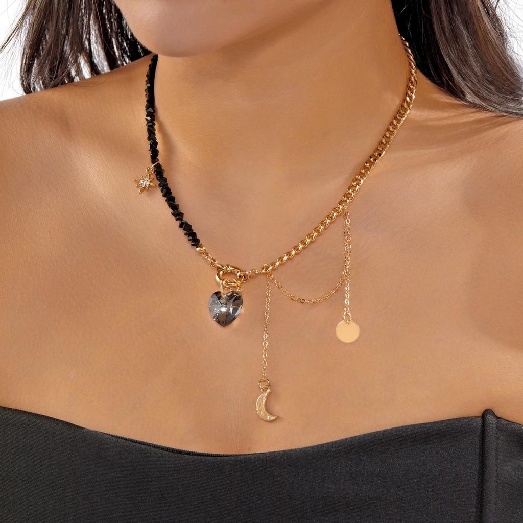 Vintage Heart Star Irregular Stone Beads Chain Tassel Necklace For Women Men Romantic Heart Clavicle Chain Trendy Daily Jewelry