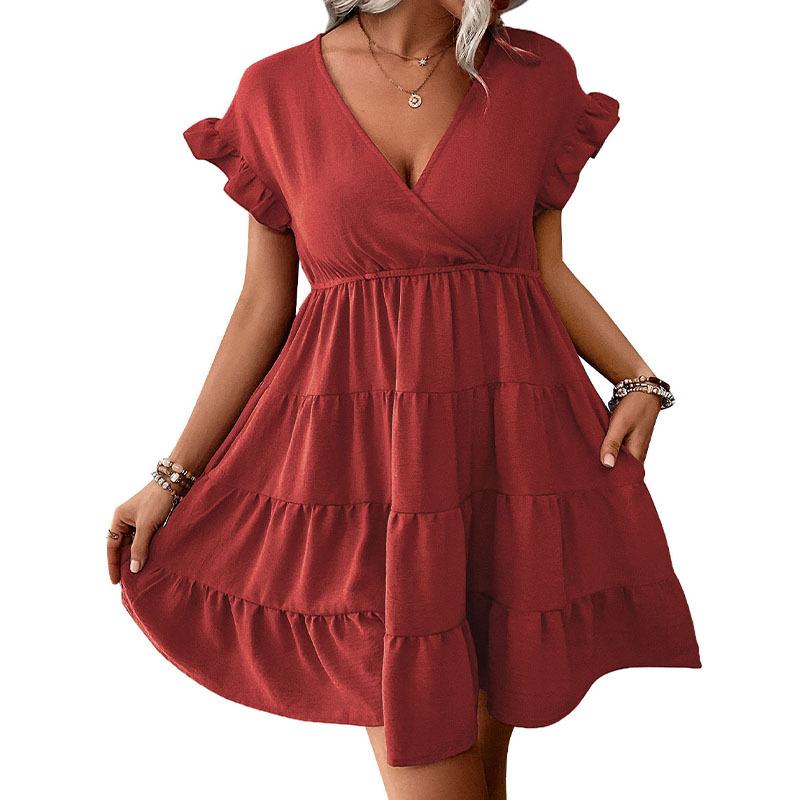New summer women's clothing wrap shoulder sleeves solid color dress