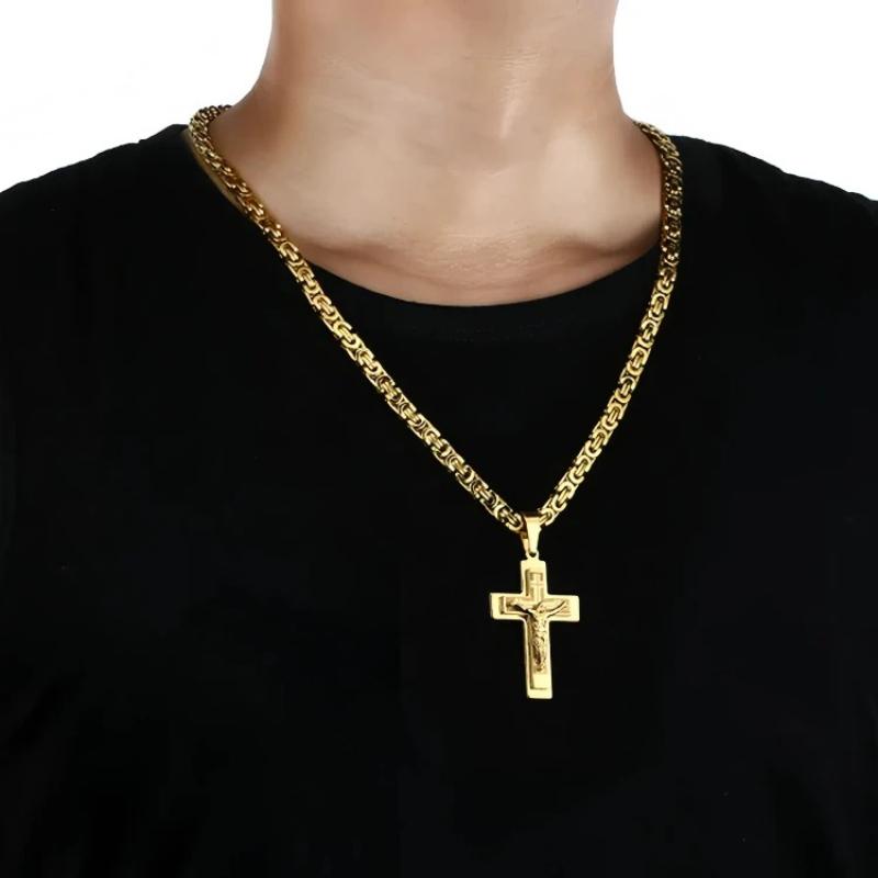 Collana Ciondolo Croce Crocifisso in Acciaio Inossidabile Pesante Catena Bizantina Gioielli da Uomo Regali