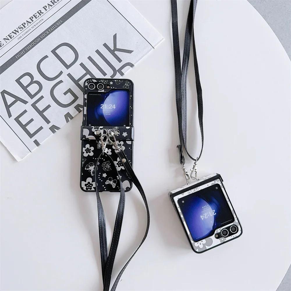 Butterfly Flower PU Leather Crossbody Lanyard Phone Case for Samsung Galaxy Z Flip 6 5 4 3 5G Hinge Protection Shockproof Cover