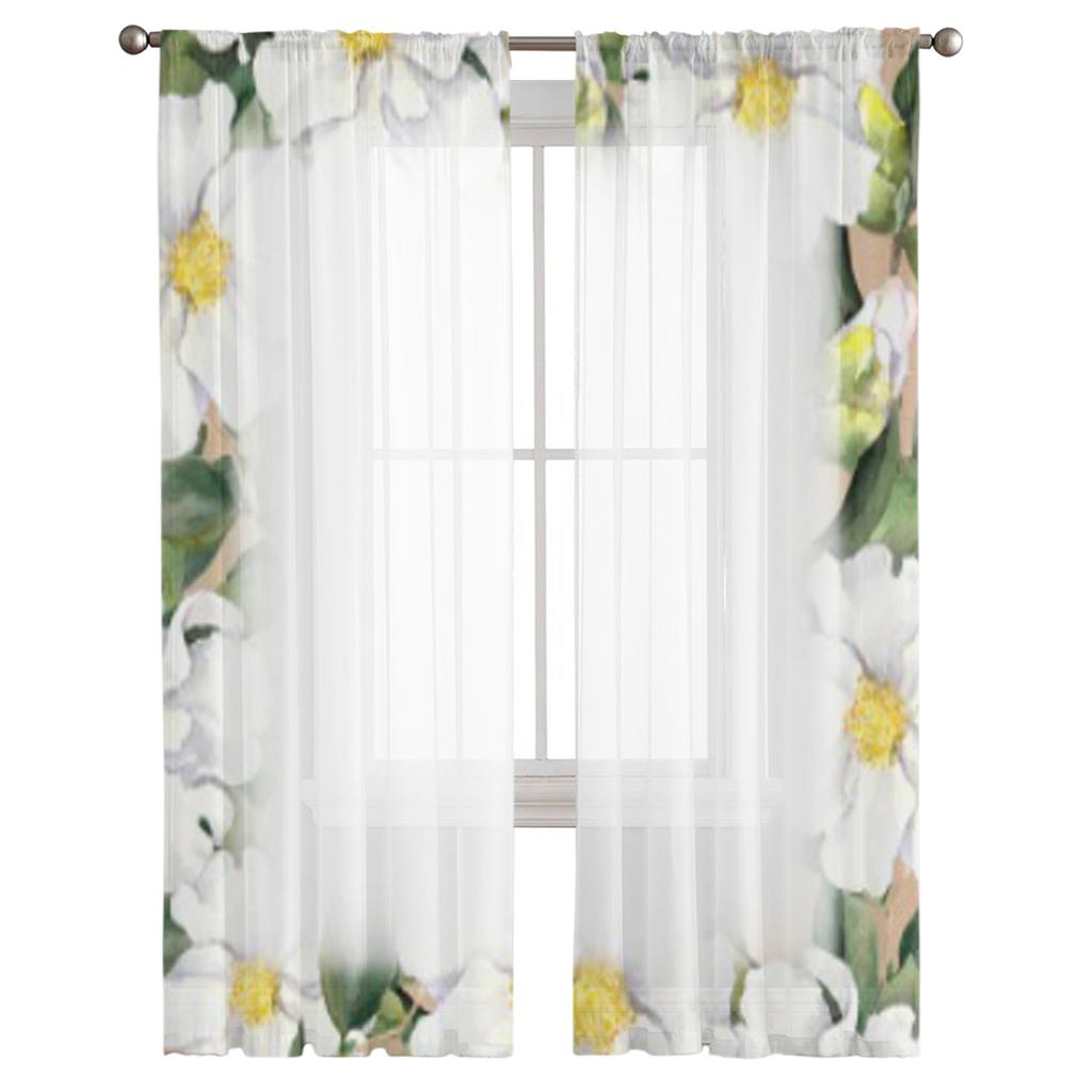 Floral White Flowers Magnolia Chiffon Sheer Curtains for Living Room Bedroom Kitchen Decoration Window Voiles Tulle Curtain