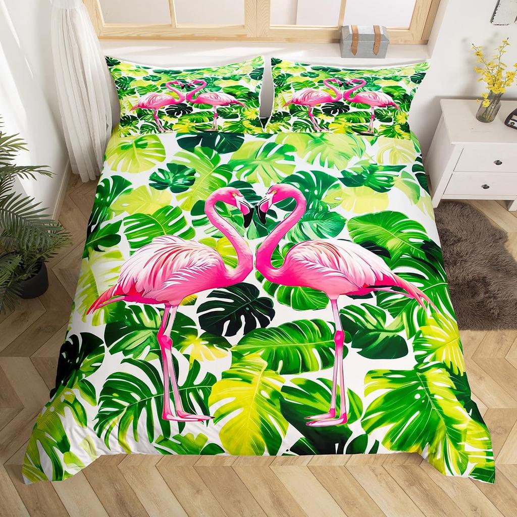 Pink Flamingo Bedding Set Palm Leaves Printed Decor Duvet Cover Twin Size Tropical Green Plants Floral Pattern Nature Themed