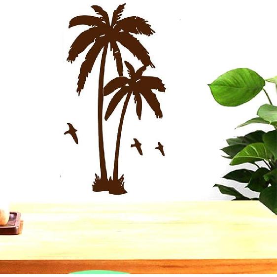 BIBITIME 2 Coconut Palms Wall Sticker White Birds Silhouette Vinyl Coco Decor Decals for Office Background Decorations Living Room Bedroom Nursery