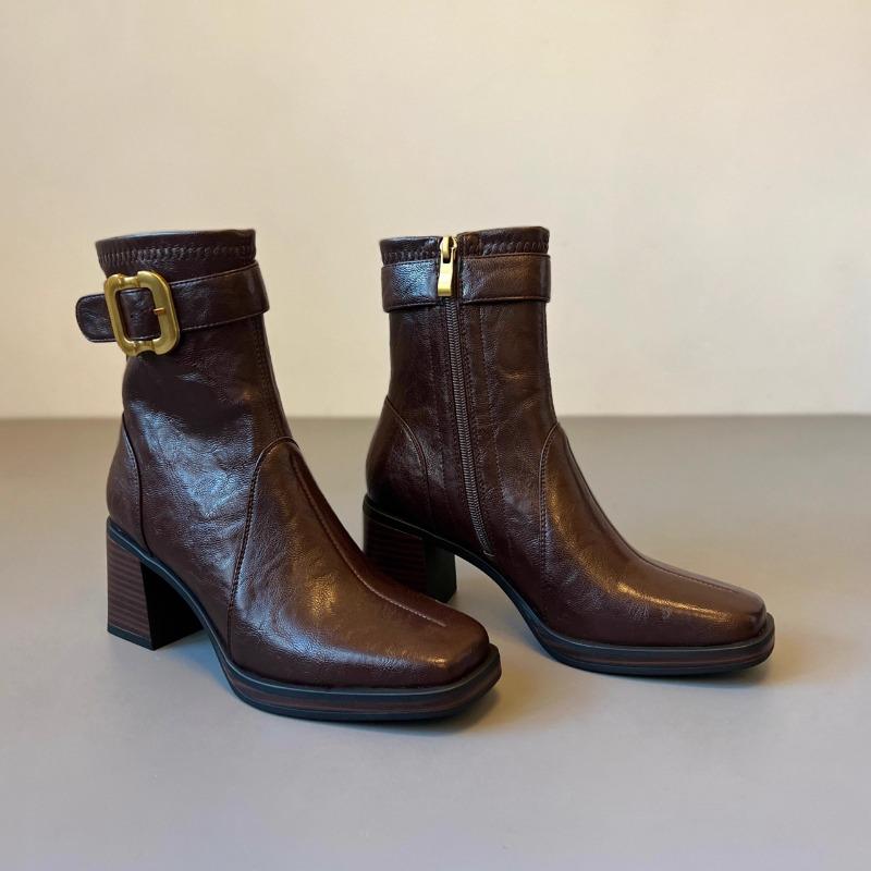 Quiet bottom soft leather high heel temperament short boots autumn and winter new versatile square head thick heel thin boots Martin boots 40 коричневый 4400₽