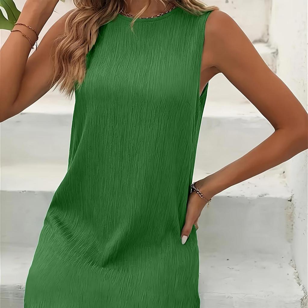 Sleeveless Pleated Mini Dress Round Neck Casual Summer Dress Lightweight Vacation Dress for Women