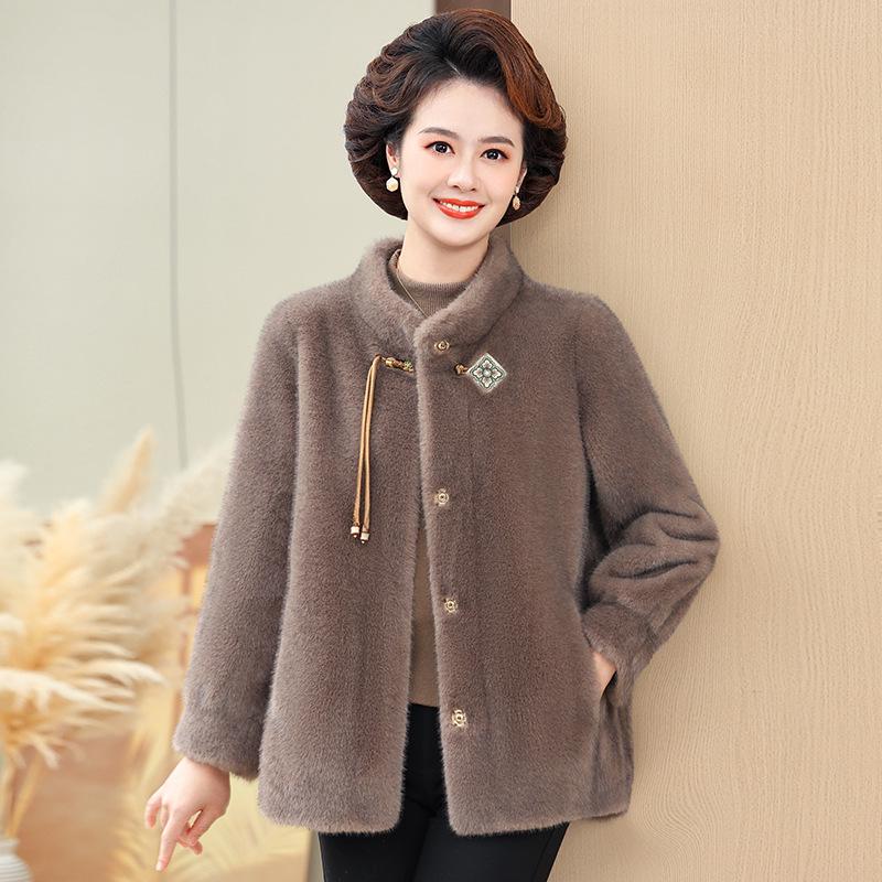 Faux Mink Fur-Lined Coat for Middle-Aged & Elderly Women - New Chinese Style, Short, Stylish Winter Wear
