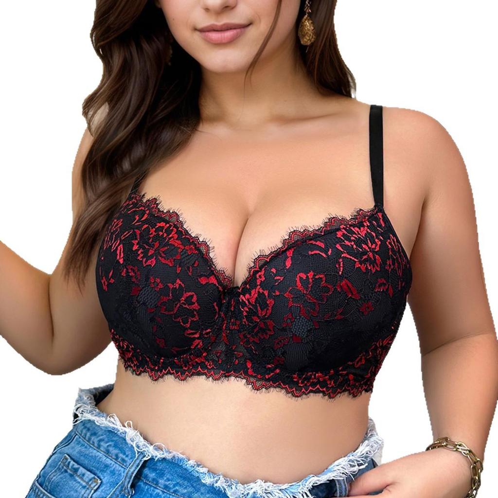 Enhanced Support Plus Size Lace Push-Up Bra In Black and Red - Sexy Women's Lingerie