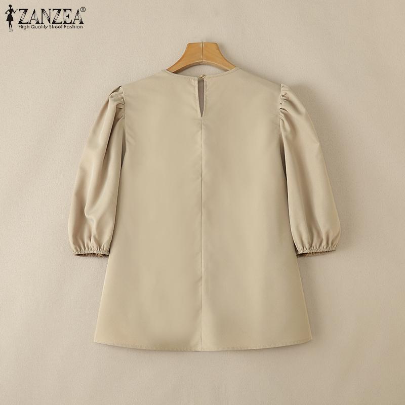 ZANZEA Kvinner Casual rund hals ensfarget løs kortermet bluse