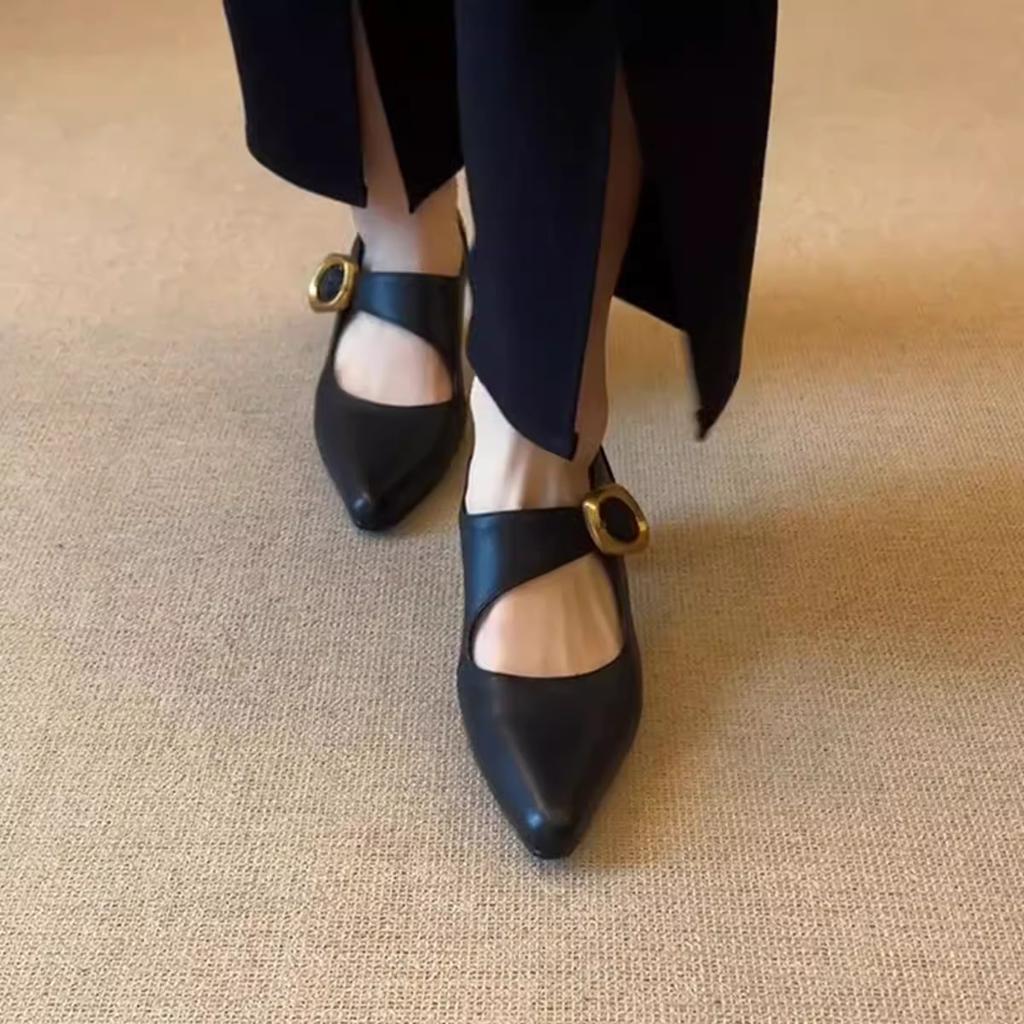 Sheepskin version~ French thick heel pointed single shoes women's shallow mouth versatile one-word buckle temperament retro Mary Jane high heels