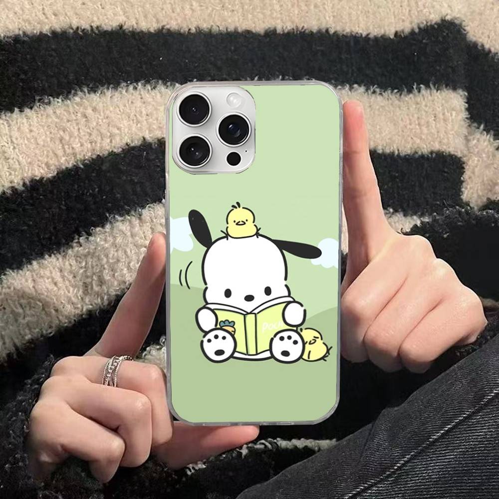 Cute P-Pochacco Phone Case For iPhone 16 15 11 12 13 14 17 Pro Max Plus Silvery Satin Cover Funda