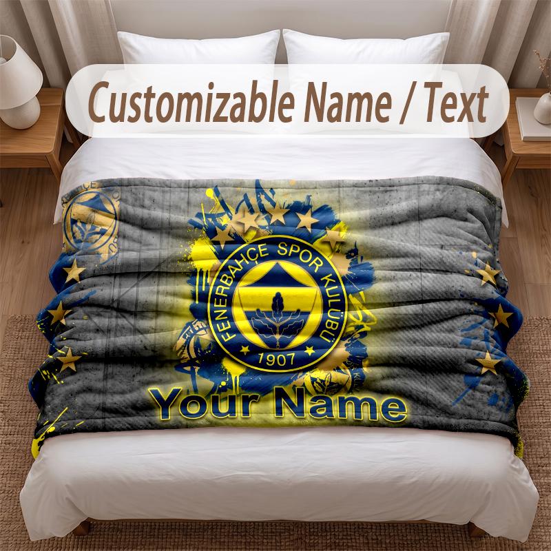 Fenerbahçe FC Printed Flannel Blanket Custom Name Text Soft Warm Throw For Bedroom Holiday Gift