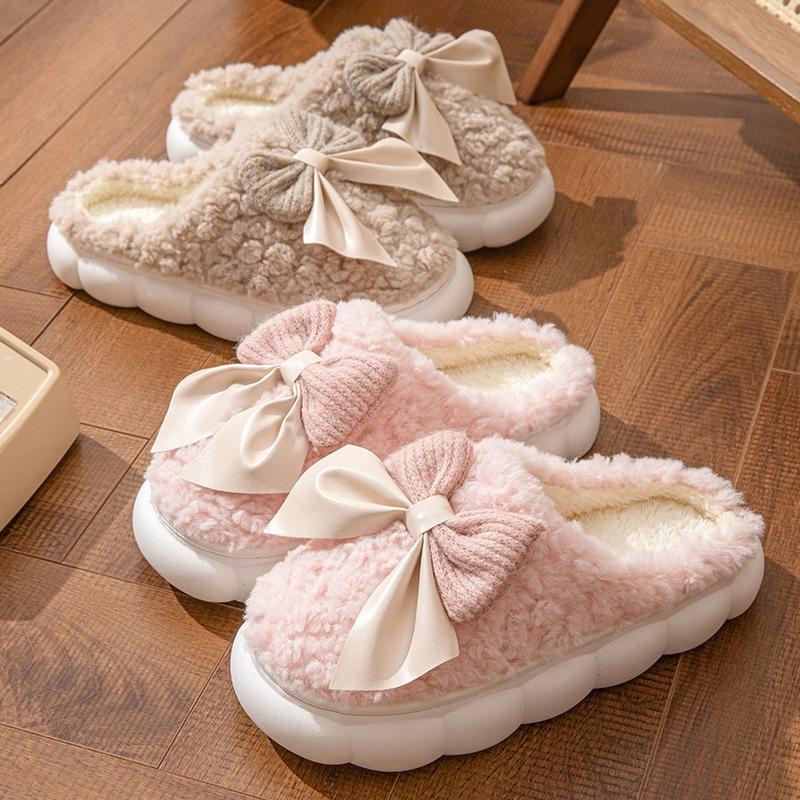 Cotton Slippers Women's Bow Autumn and Winter Thick-soled Non-slip Indoor Lightweight Plush Warm Wool Tray Confinement Shoes