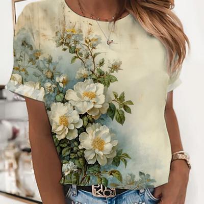 Maglietta da donna con stampa 3D, motivo floreale kawaii, grafica animale, casual, a maniche corte, alla moda, estiva, girocollo, Y2K, per donna