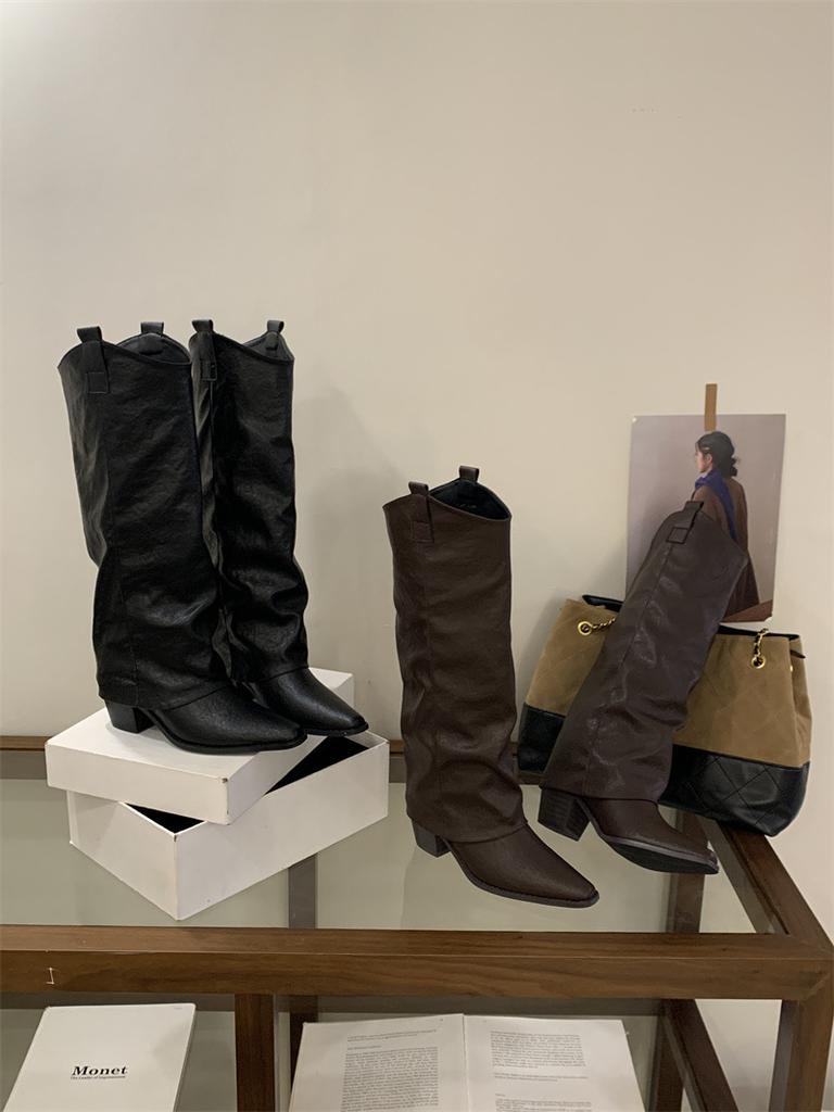Earth Style Fiber Leather High-heeled Trouser Boots Women's Long Black Boots Autumn and Winter New Thick Heel Pointed Knight Boots